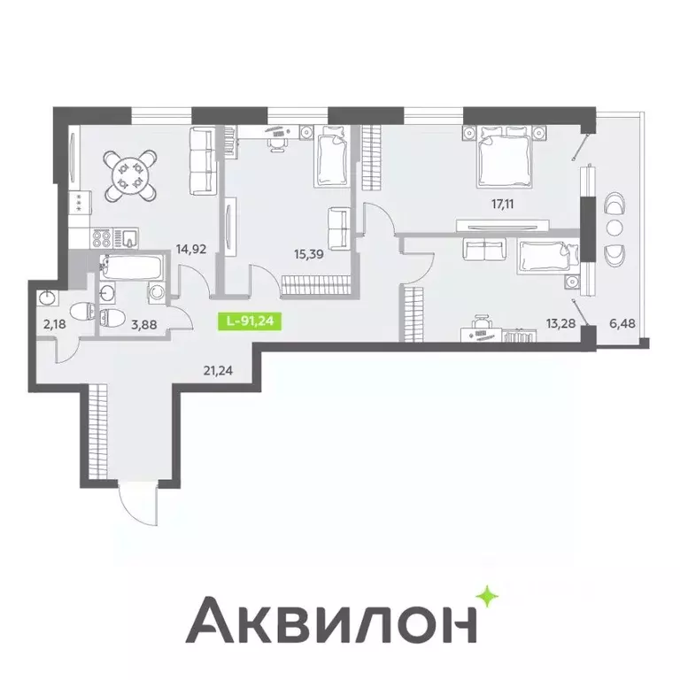 3-к кв. Санкт-Петербург бул. Александра Грина (91.24 м) - Фото 0