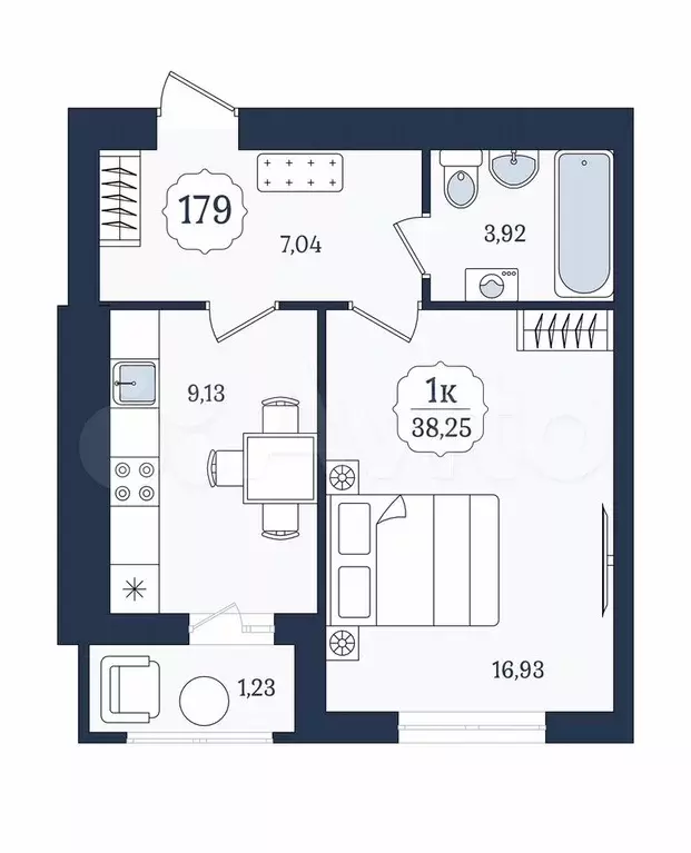 1-к. квартира, 38,3 м, 7/9 эт. - Фото 1