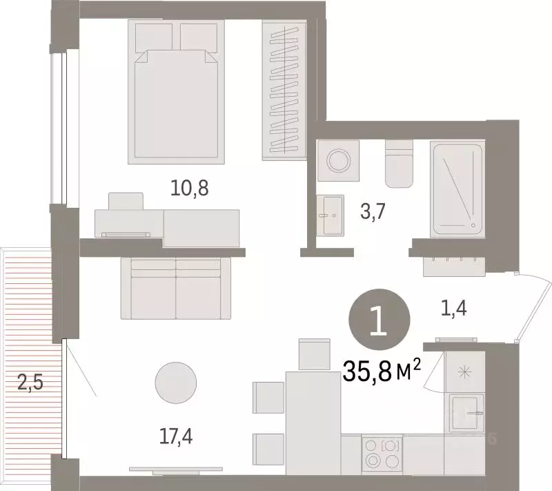 1-к кв. Липецкая область, Липецк пл. Петра Великого, 1 (35.8 м) - Фото 1