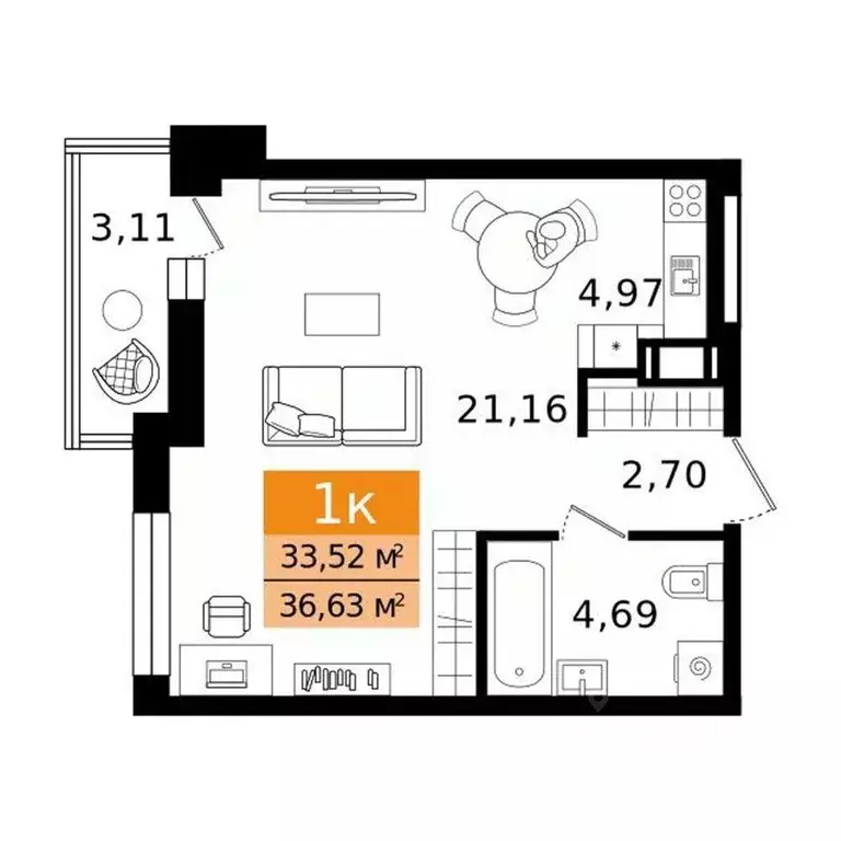 1-к кв. Курганская область, Курган просп. Конституции (36.63 м) - Фото 2