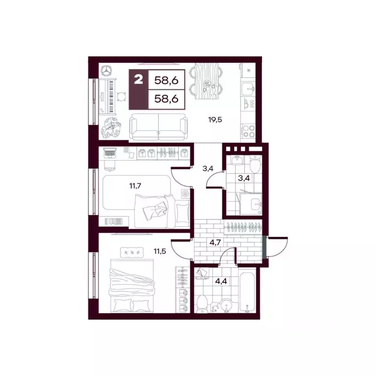 2-к кв. Тюменская область, Тюменский муниципальный округ, д. Дударева ... - Фото 1