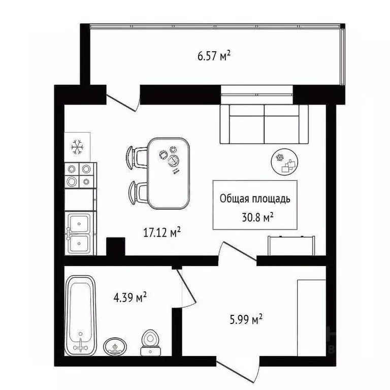 Студия Новосибирская область, Новосибирск ул. Гоголя, 222 (30.8 м) - Фото 1