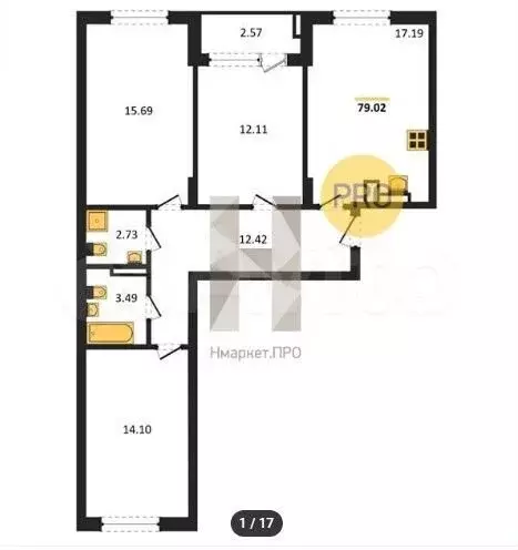 3-к. квартира, 78,7 м, 2/9 эт. - Фото 1