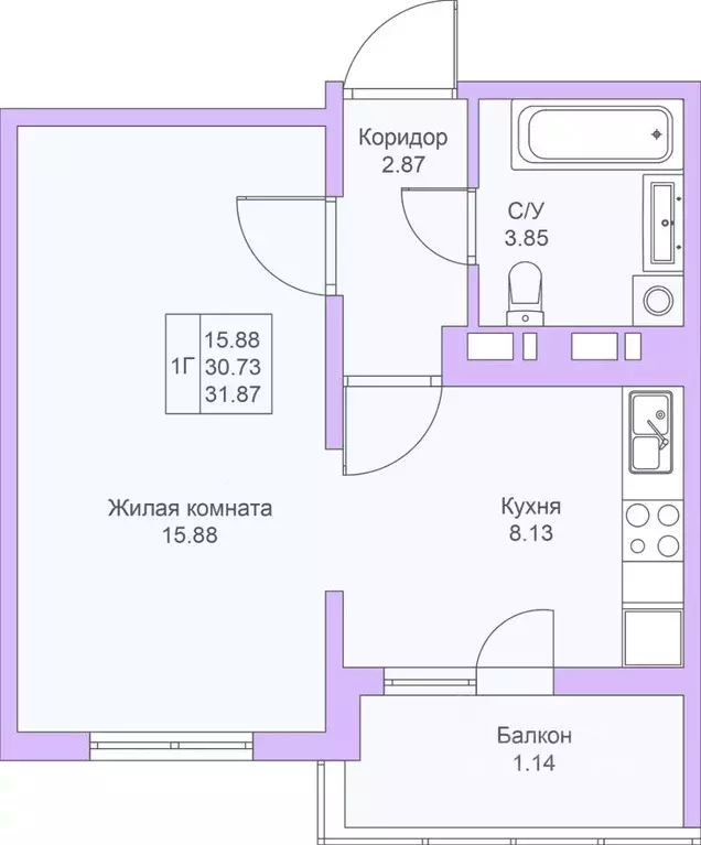 1-к кв. Татарстан, Казань Светлая Долина жилой комплекс, 3 (31.8 м) - Фото 1