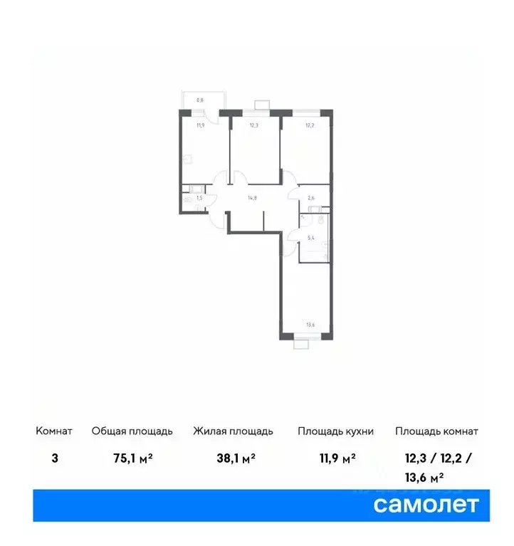 3-к кв. Москва № 23 кв-л, 4-5 (75.1 м) - Фото 0