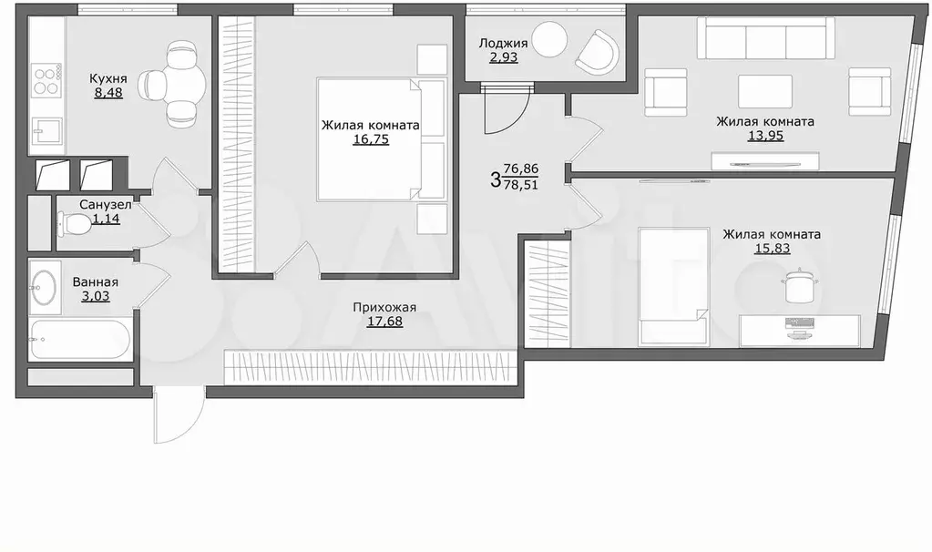 3-к. квартира, 78,5 м, 7/9 эт. - Фото 0
