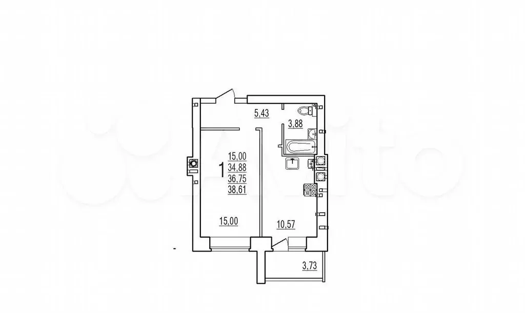 1-к. квартира, 37 м, 1/5 эт. - Фото 1