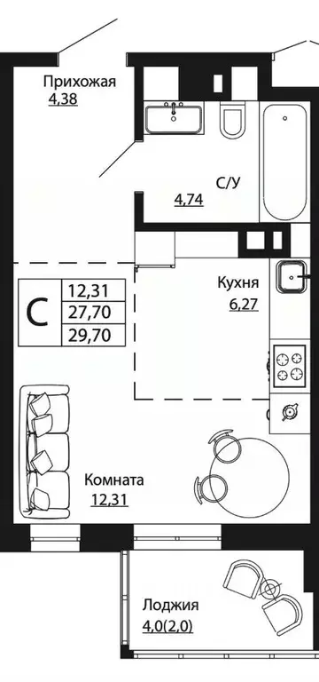 Студия Ростовская область, Ростов-на-Дону ул. Текучева, 370/2 (29.13 ... - Фото 0