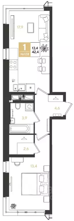 1-к кв. Краснодарский край, Краснодар Самолет кв-л,  (42.4 м) - Фото 1