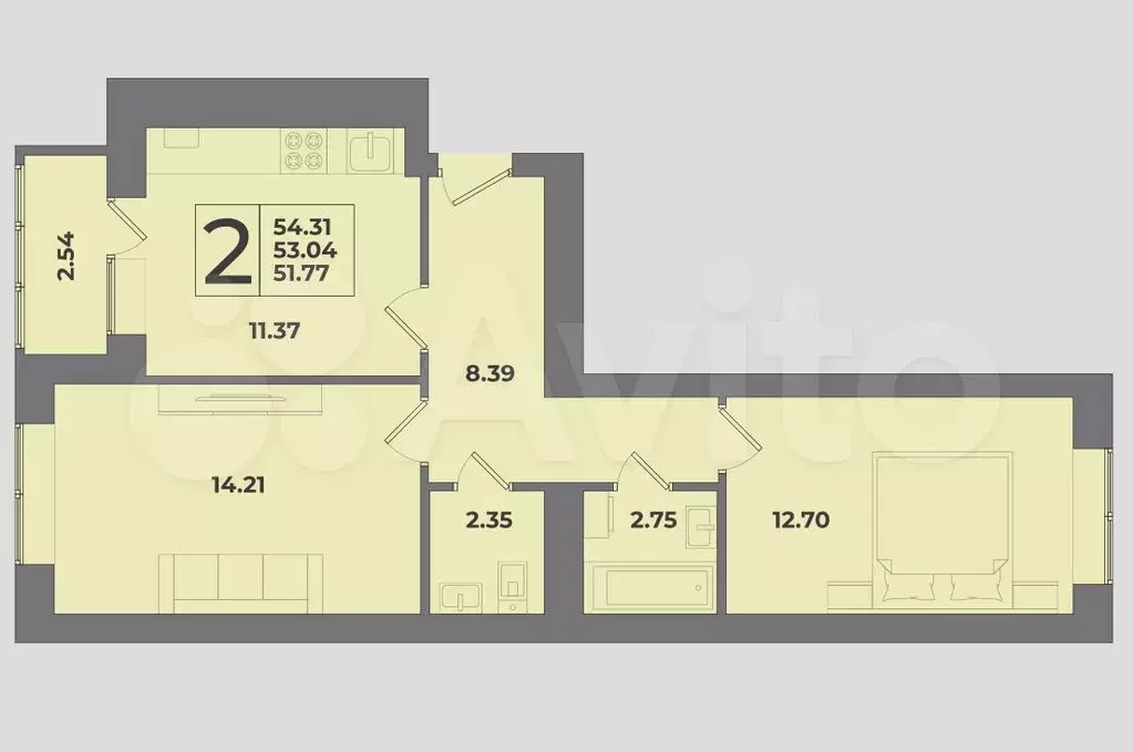 2-к. квартира, 55 м, 1/9 эт. - Фото 1