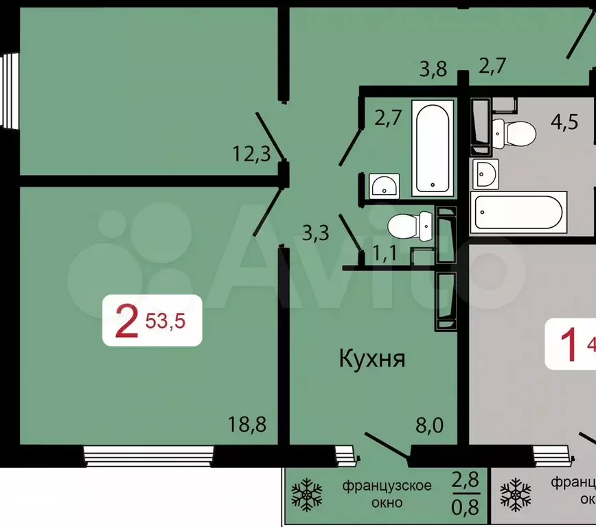 2-к. квартира, 53,5 м, 8/17 эт. - Фото 0