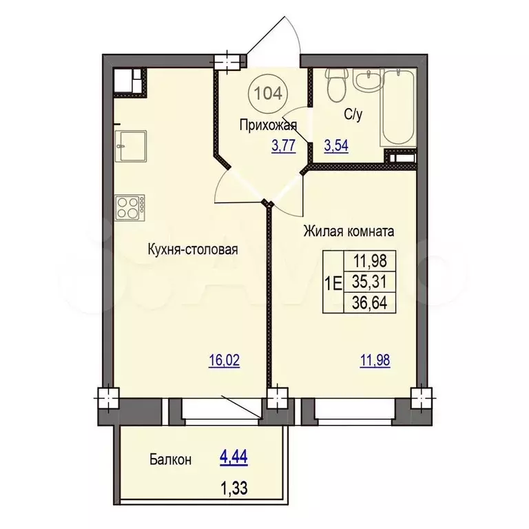 1-к. квартира, 36,6 м, 5/9 эт. - Фото 0