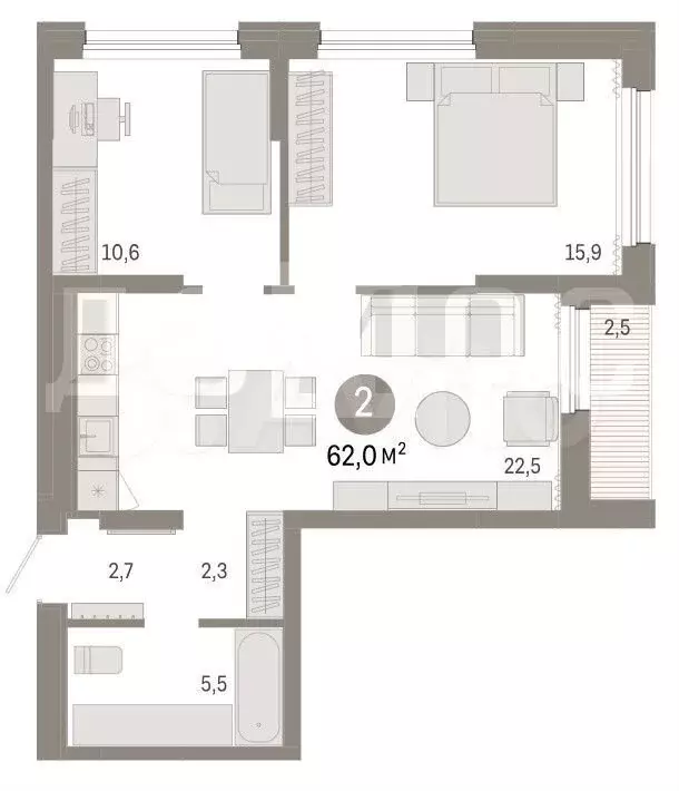 2-к. квартира, 62 м, 7/9 эт. - Фото 0