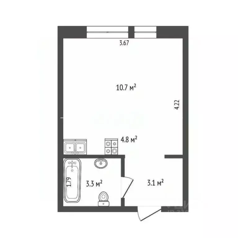Студия Тюменская область, Тюмень Полевая ул., 117к8 (21.9 м) - Фото 1