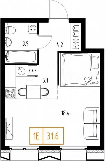 1-к. квартира, 31,6м, 5/9эт. - Фото 1