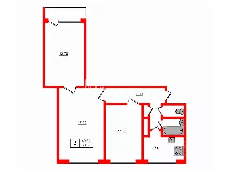 3-к кв. Санкт-Петербург ул. Руднева, 9К2 (60.5 м) - Фото 1