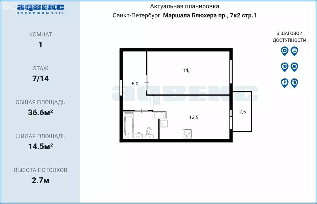 1-комнатная квартира: Санкт-Петербург, проспект Маршала Блюхера, 7к2 ... - Фото 2