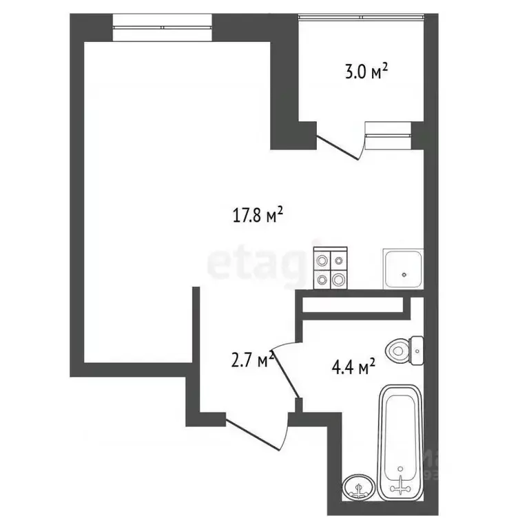 Студия Тюменская область, Тюмень Дамбовская ул., 29к2 (27.79 м) - Фото 2
