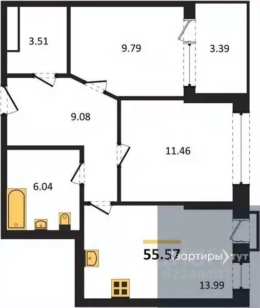 2-к кв. Воронежская область, Воронеж наб. Чуева, 7 (55.57 м) - Фото 0