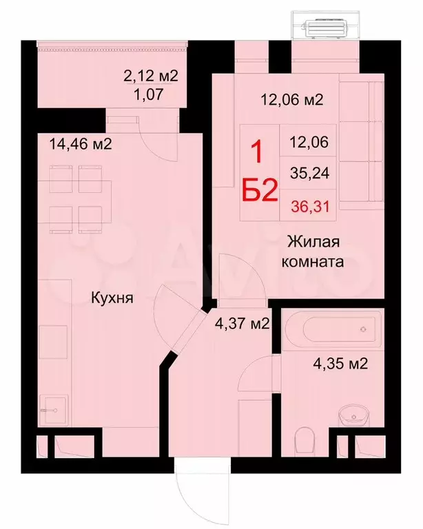 1-к. квартира, 36,3 м, 2/10 эт. - Фото 0