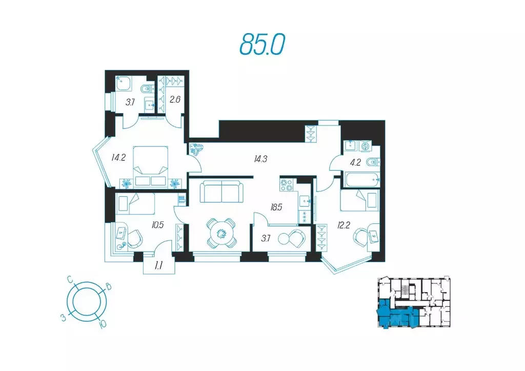 3-к кв. Тульская область, Тула ул. Михеева, 9А (85.0 м) - Фото 1