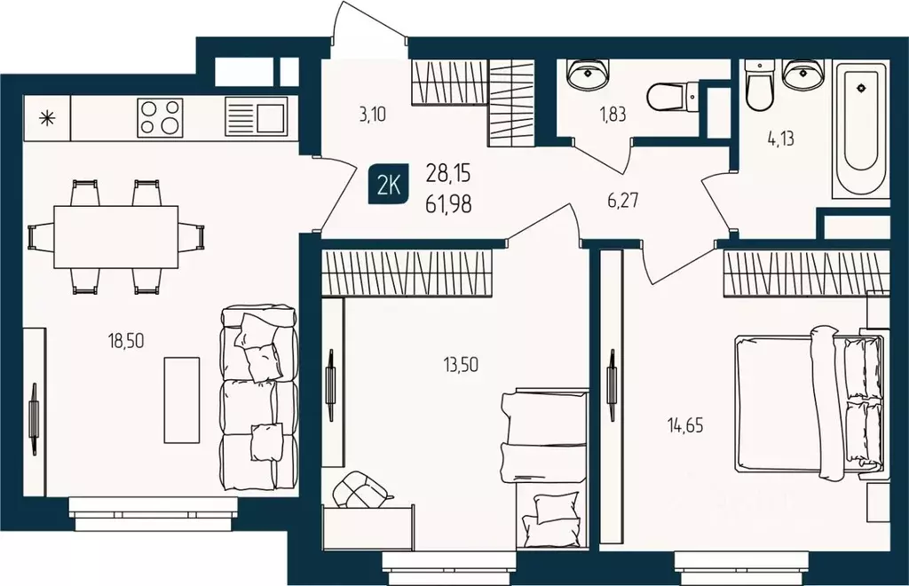 2-к кв. Тюменская область, Тюмень  (61.98 м) - Фото 1