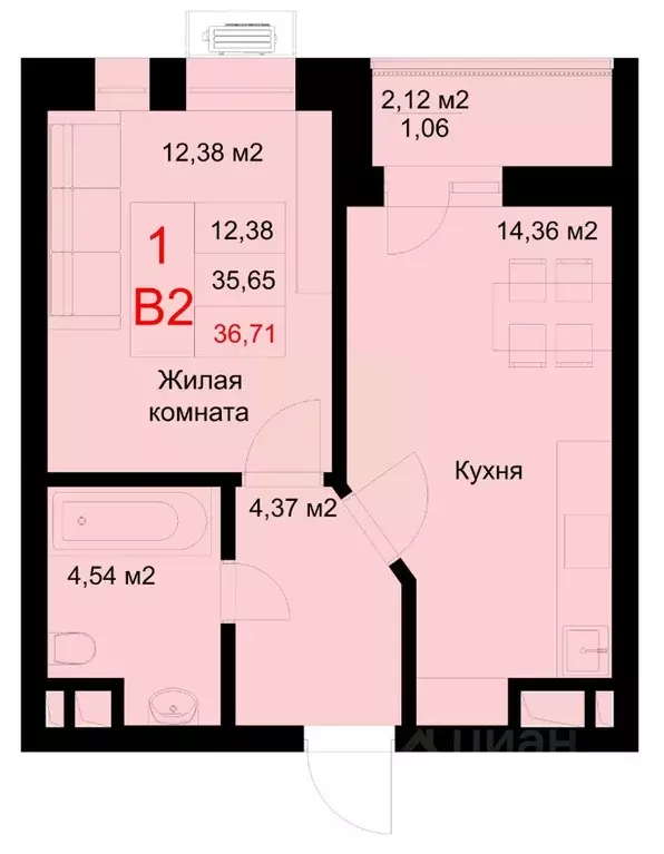 1-к кв. Татарстан, Казань ул. Рауиса Гареева, 78Б (36.71 м) - Фото 0