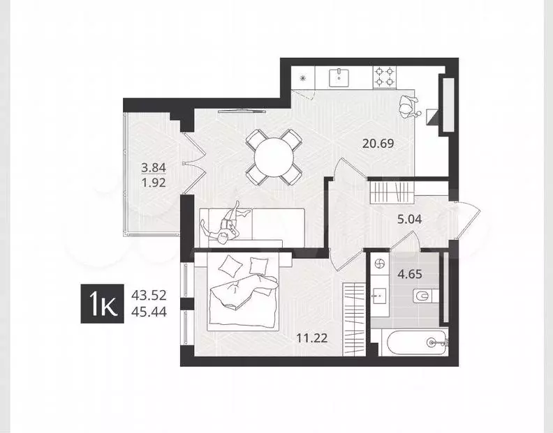 1-к. квартира, 43,5м, 3/4эт. - Фото 1