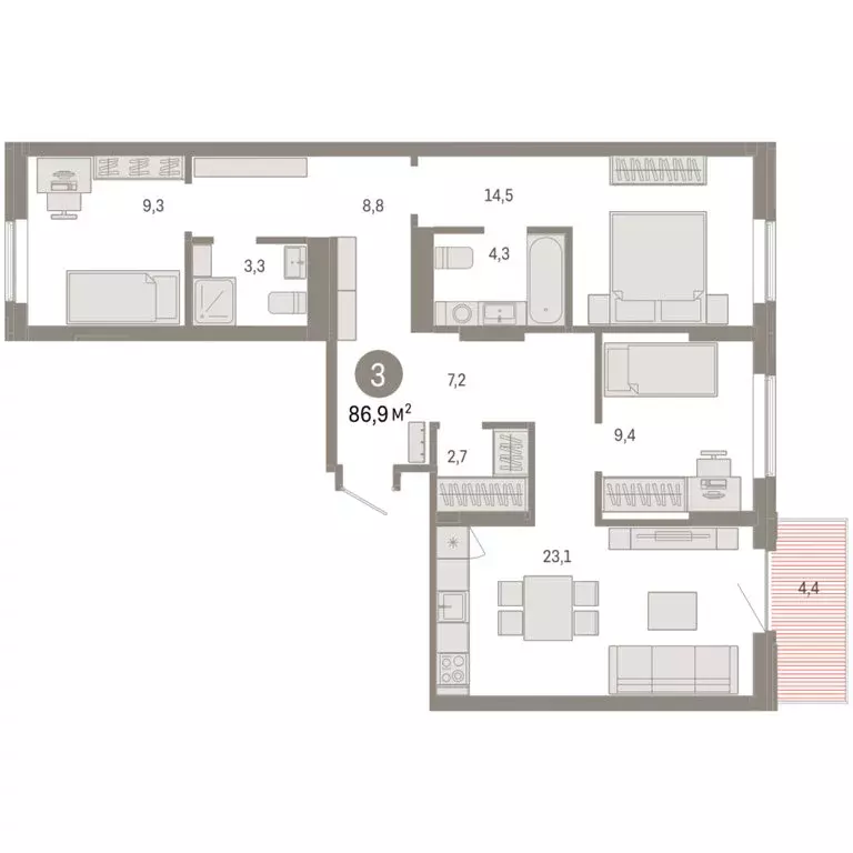 3-комнатная квартира: Омск, Кировский округ (86.89 м) - Фото 1