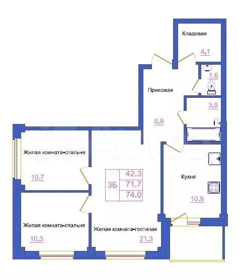 3-к. квартира, 73,6 м, 1/8 эт. - Фото 0