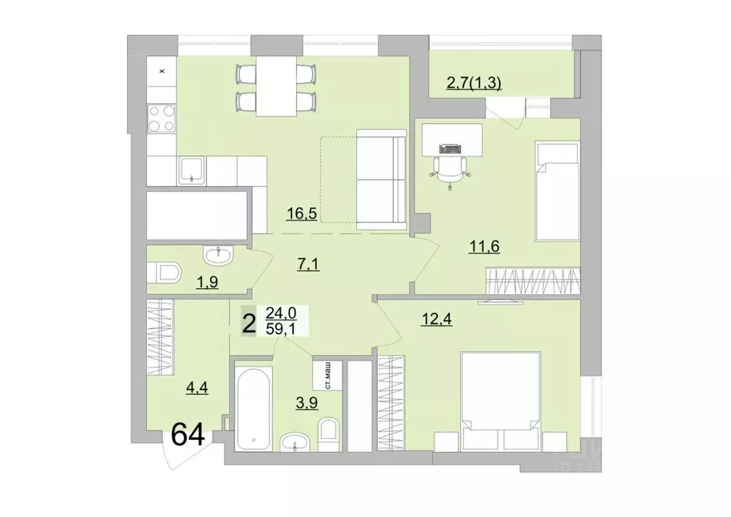 2-к кв. Свердловская область, Екатеринбург ул. Черкасская, 5к3 (60.45 ... - Фото 1
