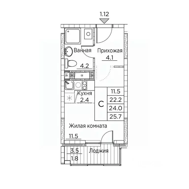 1-к кв. Приморский край, Владивосток ул. Расула Гамзатова, 7к2 (25.7 ... - Фото 1