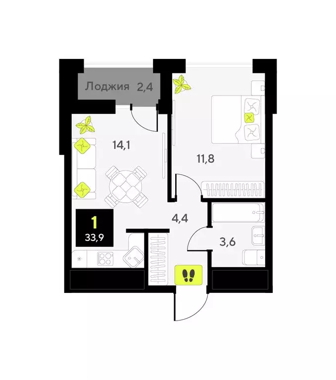 1-комнатная квартира: Тюмень, улица Первооткрывателей, 9 (33.9 м) - Фото 1