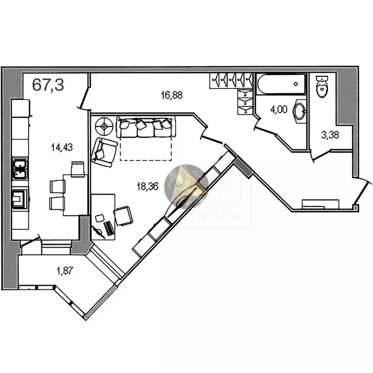 1-к кв. Санкт-Петербург ул. Руднева, 16 (67.3 м) - Фото 2