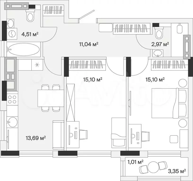 2-к. квартира, 64,7 м, 1/7 эт. - Фото 1