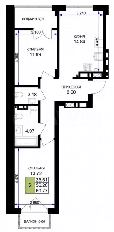 2-к. квартира, 61м, 5/7эт. - Фото 1