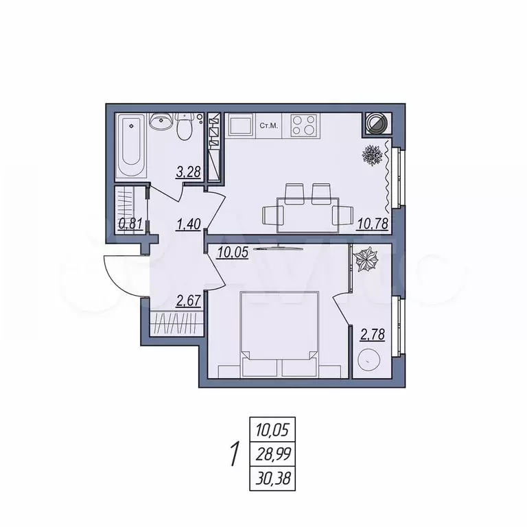 1-к. квартира, 30,4 м, 7/8 эт. - Фото 0