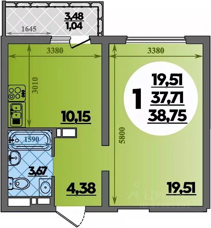 1-к кв. Адыгея, Майкоп  (38.75 м) - Фото 1