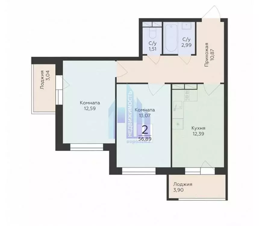 2-комнатная квартира: Воронеж, улица Ломоносова, 114Ю (56.89 м) - Фото 1