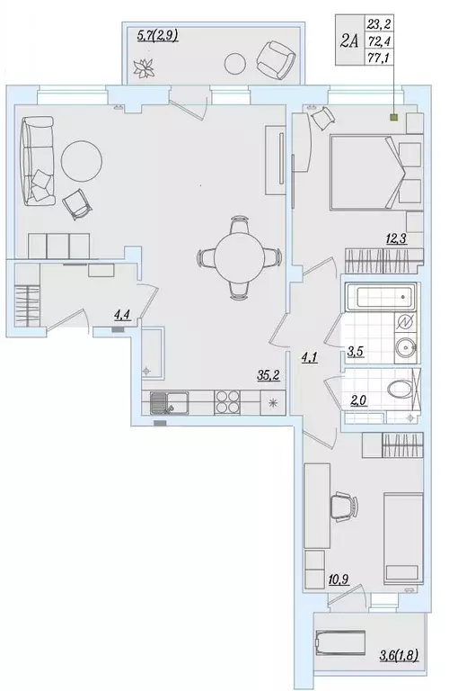 2-к квартира, 77.1 м - Фото 0