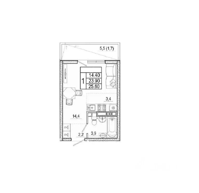 Студия Краснодарский край, Сочи Кудепста мкр,  (25.6 м) - Фото 1