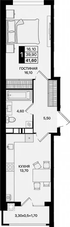 1-к. квартира, 41,6 м, 12/12 эт. - Фото 1