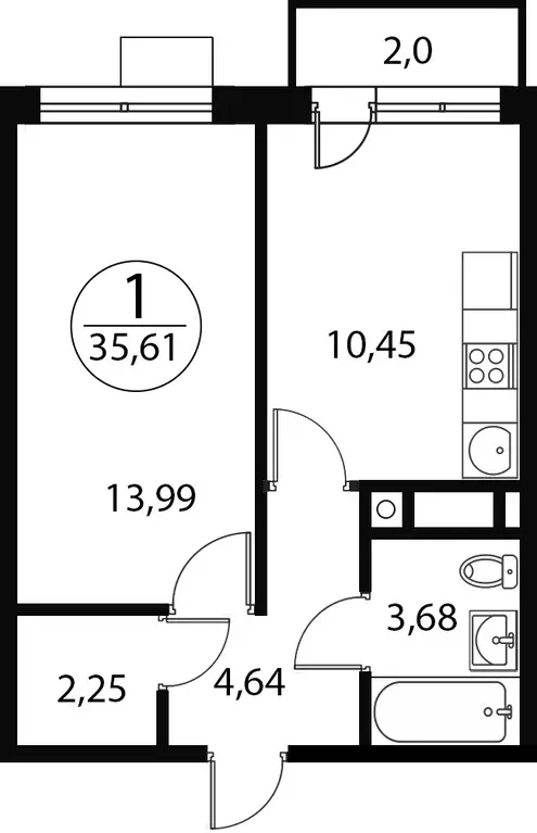 1-к квартира, 35.61 м - Фото 0