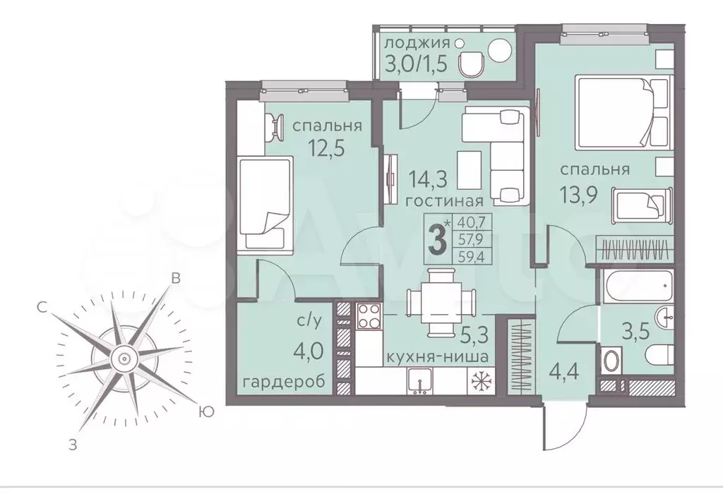 3-к. квартира, 60 м, 4/22 эт. - Фото 0