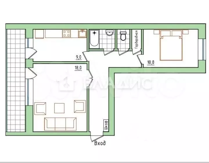 2-к. квартира, 51 м, 3/3 эт. - Фото 0