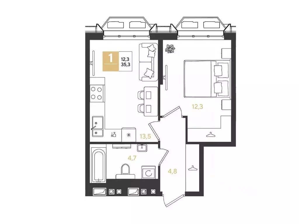 1-к кв. Краснодарский край, Краснодар Самолет кв-л,  (35.3 м) - Фото 0