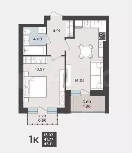 1-к. квартира, 41,8 м, 8/9 эт. - Фото 1