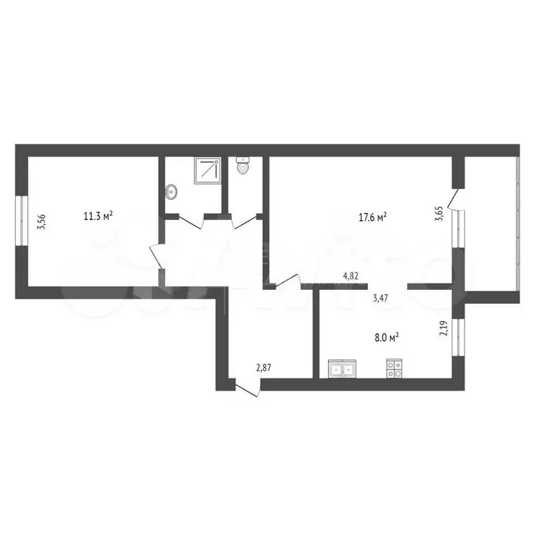 2-к. квартира, 47,6 м, 1/5 эт. - Фото 0