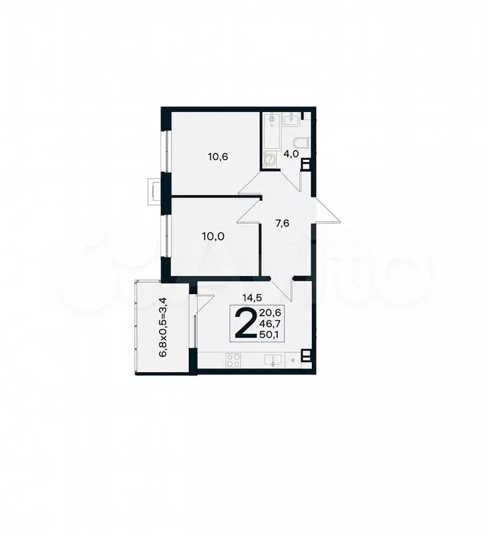 2-к. квартира, 50,1 м, 2/4 эт. - Фото 1