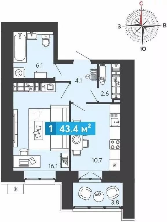 1-комнатная квартира: Засечное, Прибрежный бульвар, 5 (43.4 м) - Фото 1